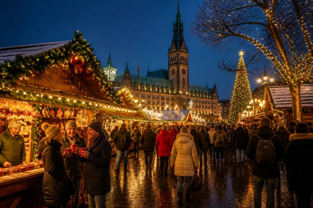 Marche de noel a hambourg au crepuscule