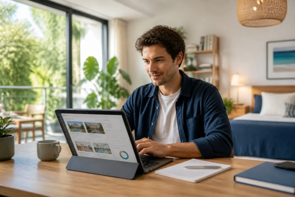 Jeune homme gerant des proprietes en ligne