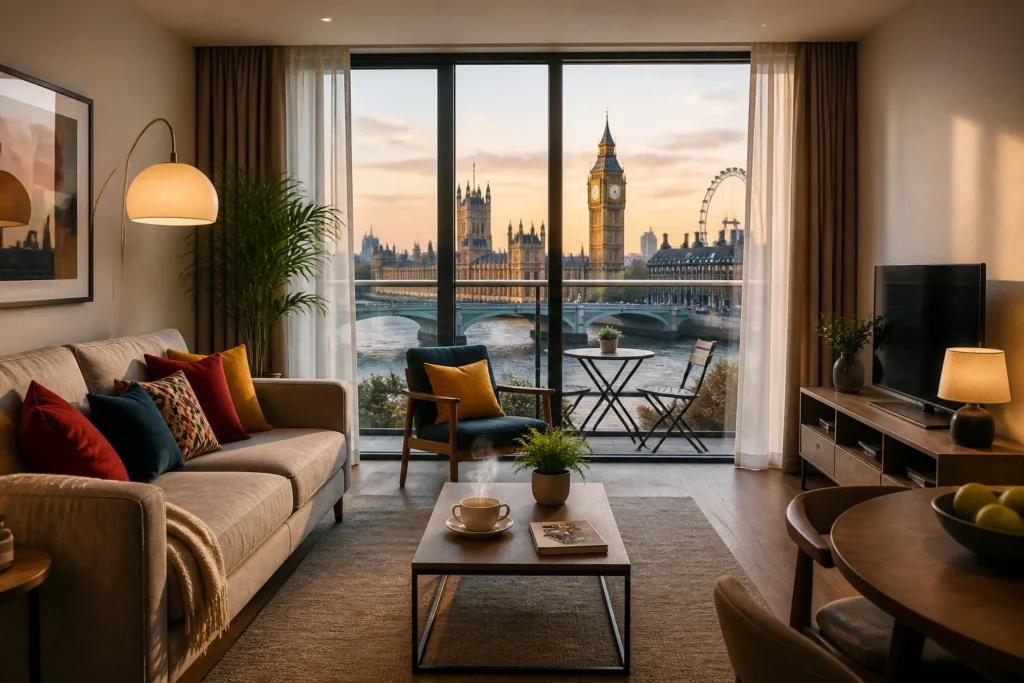 Salon moderne a londres avec vue emblematique