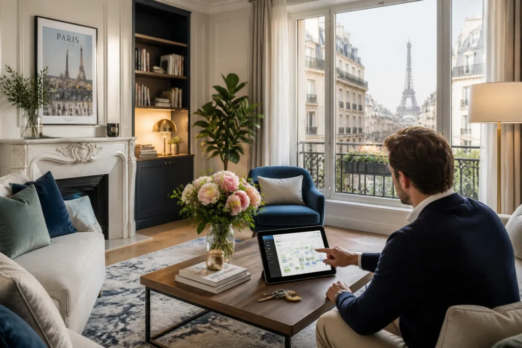 Salon parisien moderne et lumineux avec vue