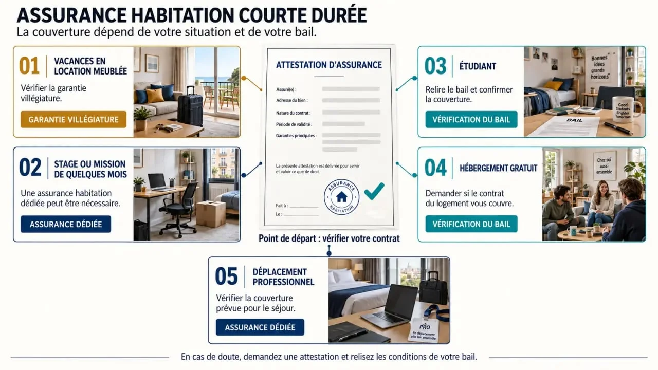 Infographie sur l’assurance habitation courte durée selon le type de séjour et de logement