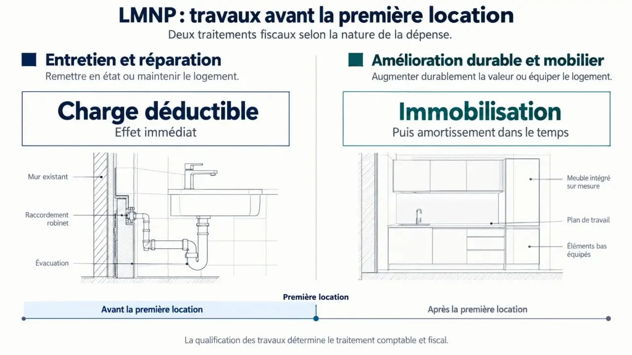 LMNP travaux avant location : différence entre charge déductible et immobilisation amortissable