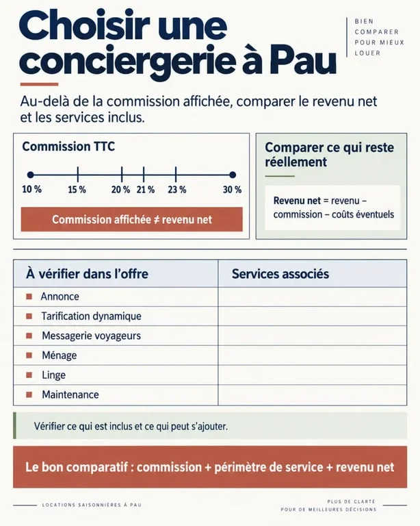 Infographie pour choisir une conciergerie à Pau selon la commission et les services inclus