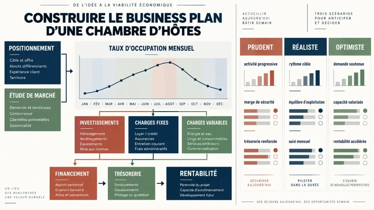 Infographie du business plan chambre d'hote avec scénarios, charges, financement et rentabilité