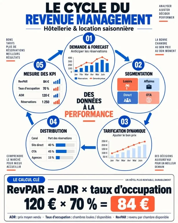 Infographie de formation revenue management en ligne sur le cycle de tarification et les KPI RevPAR