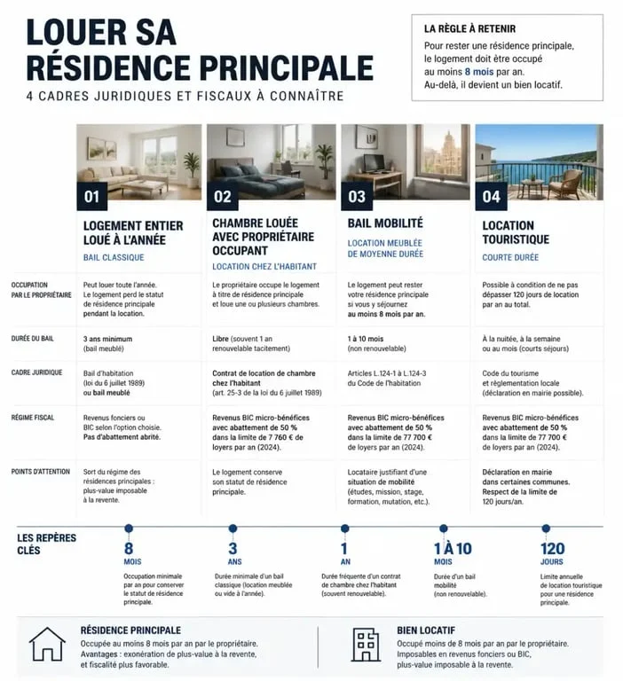 Louer sa résidence principale à l'année : différences entre logement entier, chambre, bail mobilité et location touristique