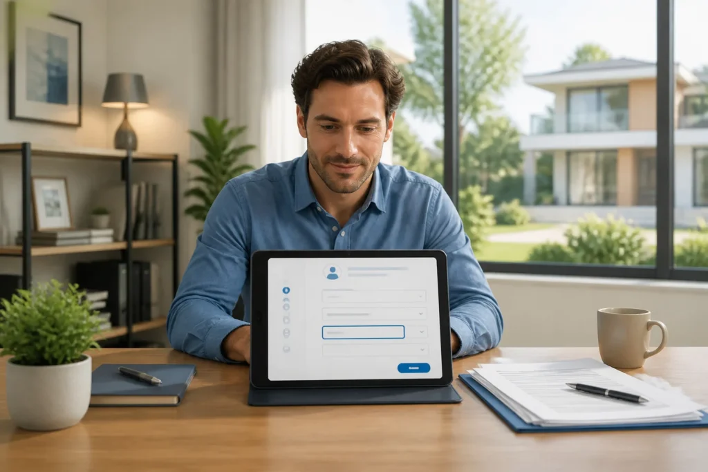 Homme travaillant sur une tablette dans un bureau lumineux