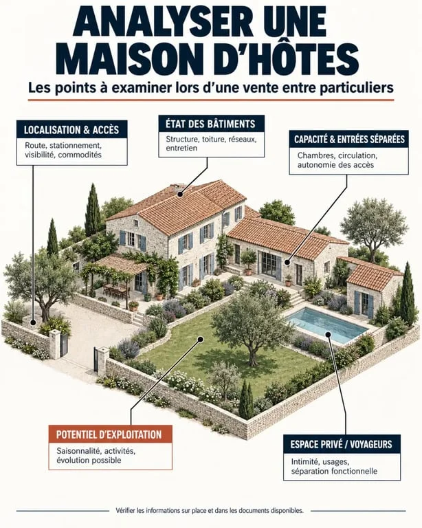Infographie pour analyser une maison d’hôtes à vendre entre particuliers selon la capacité, l’état et le potentiel d’exploitation
